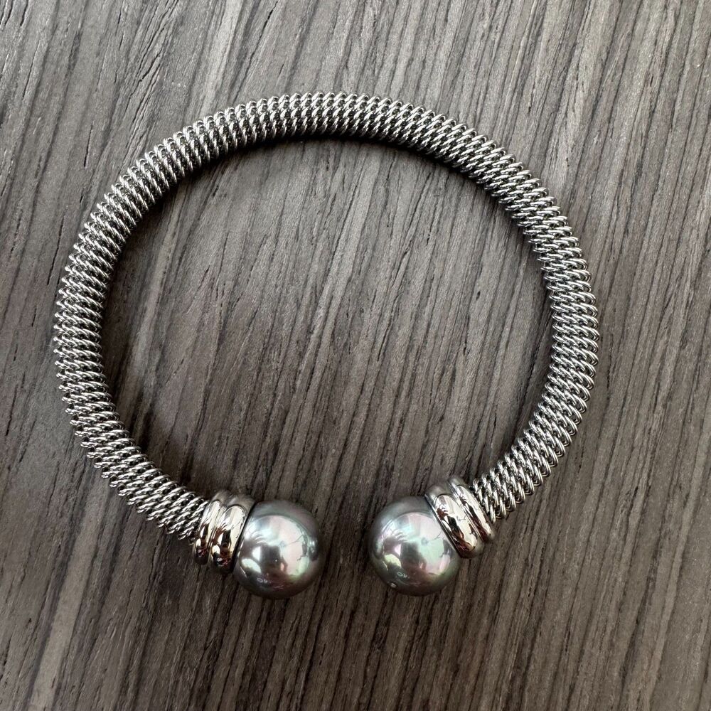 Majorica Women's Stainless Steel Rhodium Plated Bangle Bracelet Organic Pearl - Picture 8 of 8